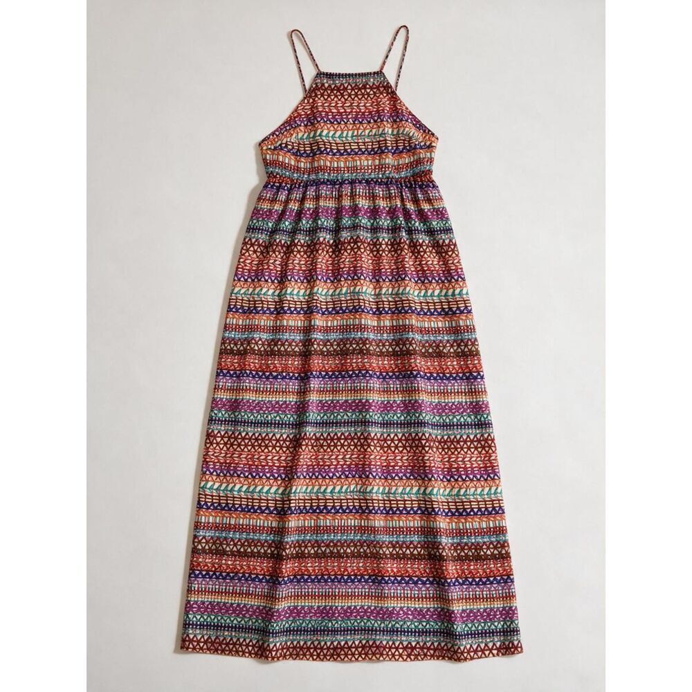 CeCe Multicolor Geometric Stripe Spaghetti Strap Halter Maxi Dress 8 Resort